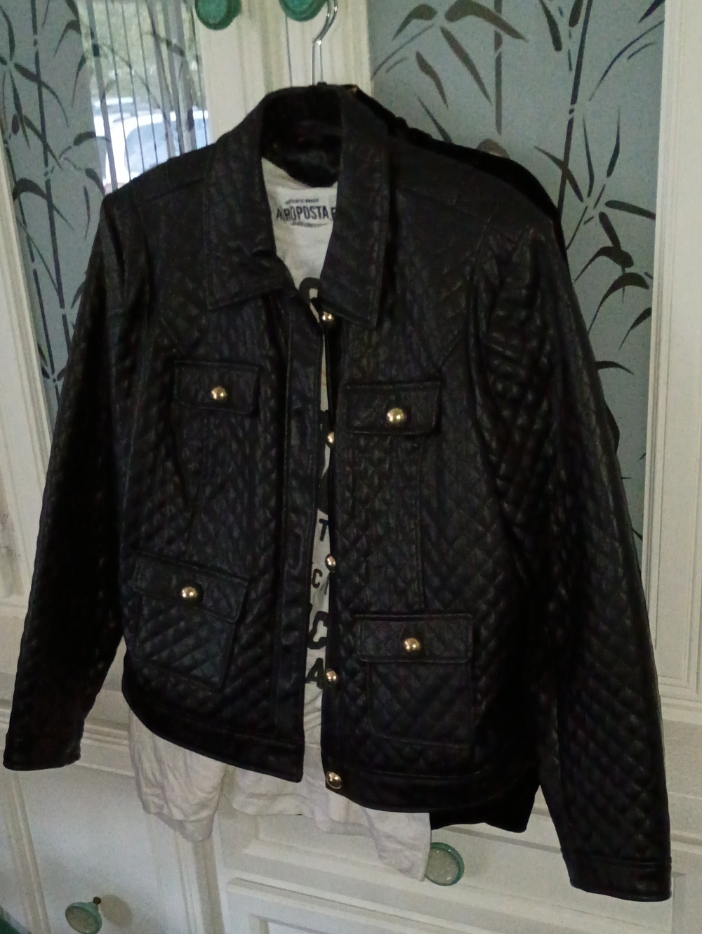 G By Giuliana Black Label Quilted Black Bomber Jacket with Gold Buttons